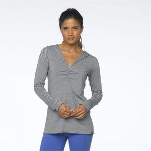 Prana Perry Striped Hooded Pullover Tunic Top Long Sleeve Yoga Black/White Small
